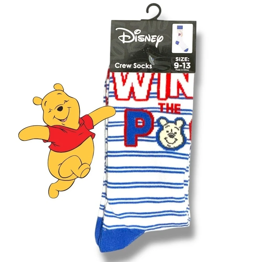 Winnie Pooh Crew Socks Disney Novelty Stripe Blue White Adult Unisex Mens 9-13